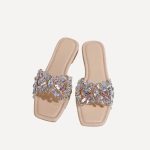 Women's Rhinestone Transparent Flat Sandals Square Toe Slippers